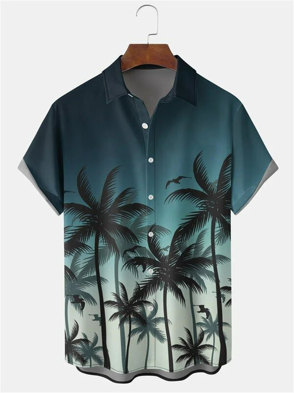 Camisa de manga curta para homens e mulheres, estampa de planta, palmeira, botão para cima, top versátil, design de moda, verão
