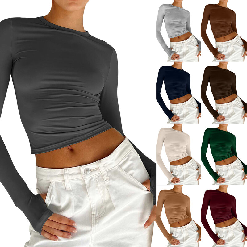 Damen Slim Tops Langarm Rundhals ausschnitt Crop Top T-Shirt Basic solide enge Slim Fit kurze Overalls für Frauen plus Größe