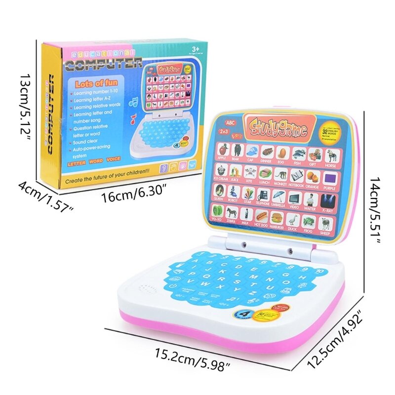 لعبة كمبيوتر محمول لتعليم الأطفال مع الأصوات والموسيقى تشجع على الحروف والهجاء والأرقام والتعرف على الطعام والحيوان E65D