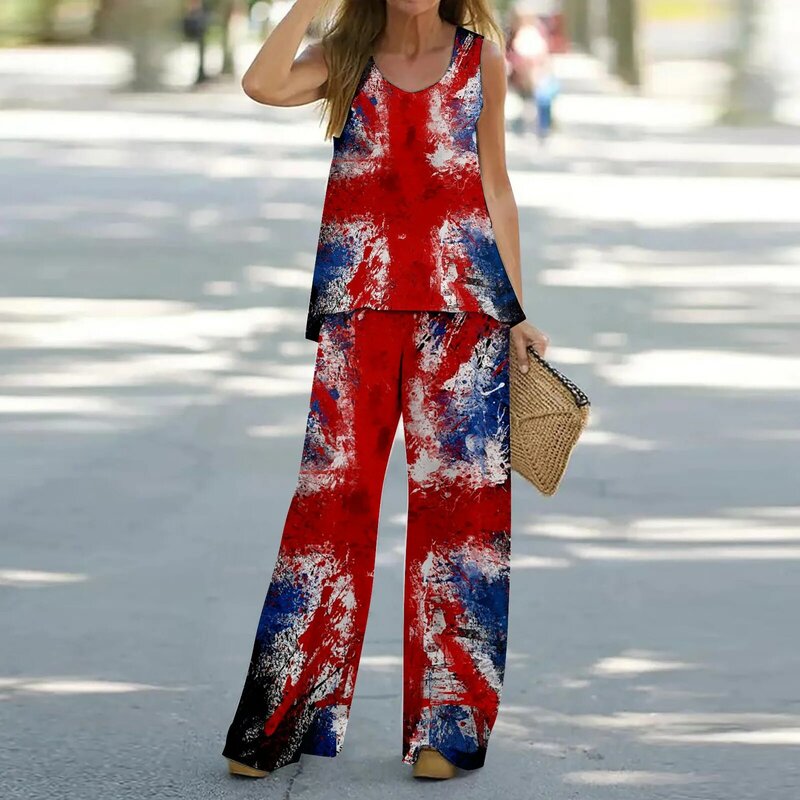 Independence Day Summer Women Y2k Floral Print Round Neck Sleeveless Tank Top & Wide Leg Pants Set Causal Streetwear