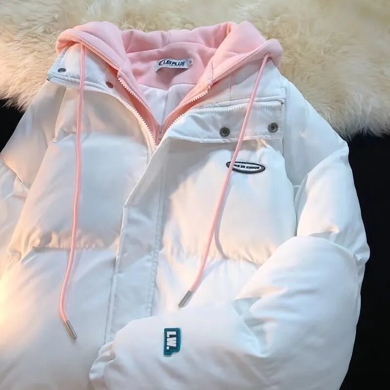 여성용 일본 가짜 투피스 후디, 루즈한 면 코트, 두꺼운 재킷, 따뜻한 여성 의류, 귀여운, 새로운, 겨울, 2023
