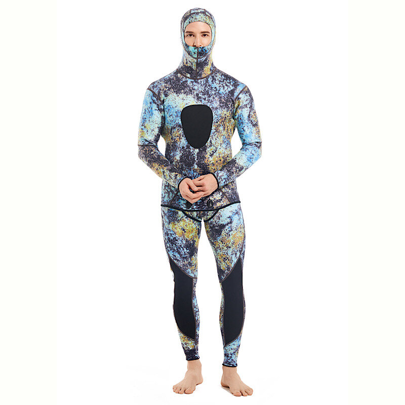 ชุดดำน้ำผู้ชายอบอุ่นมีฮู้ด3มม., ชุดดำน้ำลึกชุดพรางตัวสำหรับล่าสัตว์ดำน้ำดูปะการังชุดว่ายน้ำเล่นเซิร์ฟ