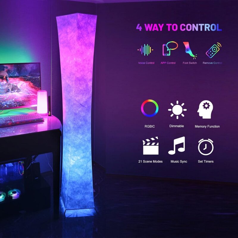 LEONC 65 "miękka lekka lampa podłogowa do pokoju gier i telewizora, zmiana koloru RGB LED, klosz z tkaniny Tyvek, inteligentna kontrola aplikacji, kompatybilna