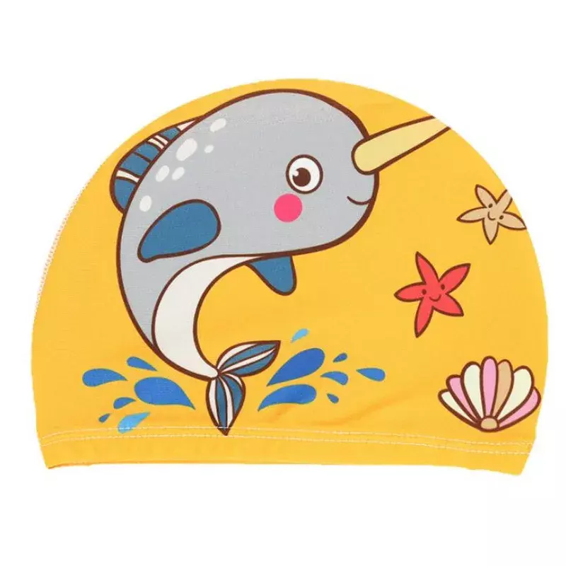 Gorro de baño de tela elástica para niños y niñas, gorro de piscina con dibujos animados para pelo largo, protección de orejas