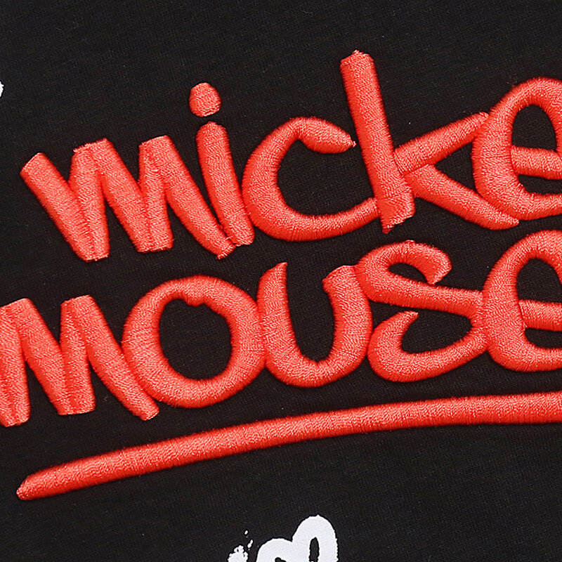 디즈니 미키 마우스 프린트 자수 티셔츠, 캐주얼 풀오버 상의, O넥 반팔 티셔츠, 루즈 스트리트웨어