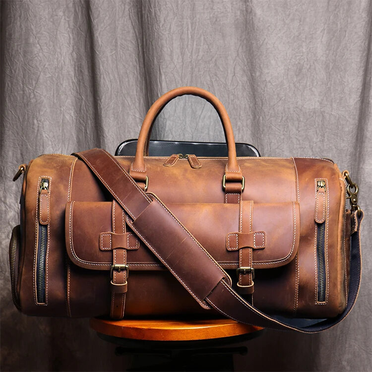 MUNUKI Vintage Crazy Horse Genuine Leather Travel bag Large Luggage men duffle Weekend Bag Tote Big