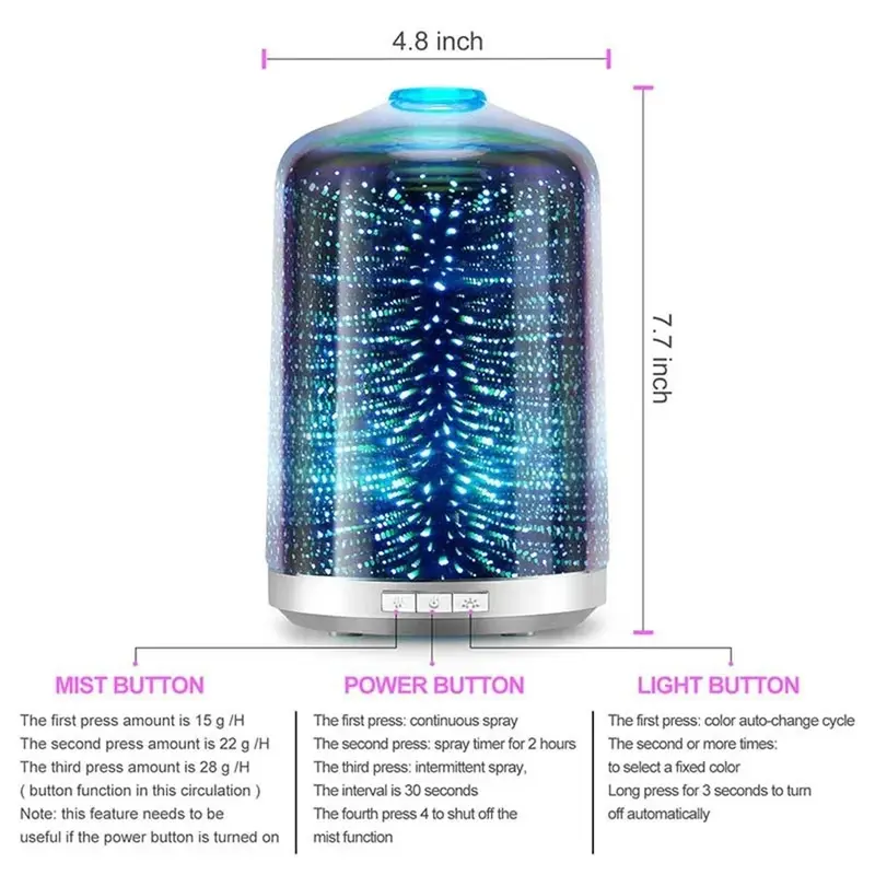 Umidificatore d'aria fuochi d'artificio 3D diffusore di olio essenziale aromatico deodorante in vetro 7 luci a LED per la temporizzazione della stanza di casa Humificador 250ml
