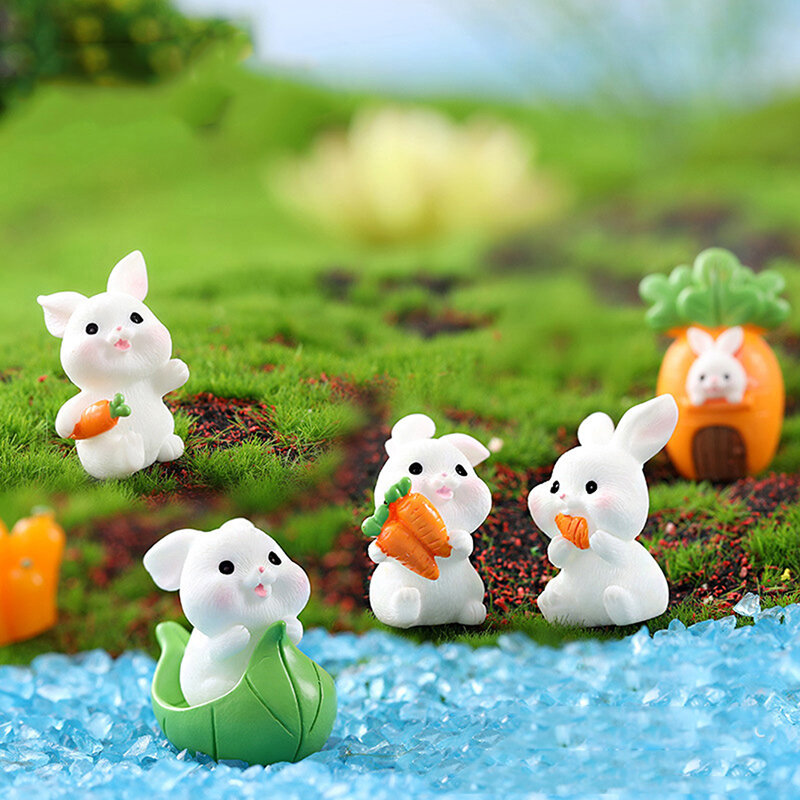 أرنب أبيض كرتوني والجزر ، سلسلة عالم الفردوس ، منظر طبيعي مصغر ، مشغولات زينة راتنج ، حيوانات لطيفة ، إكسسوارات بستنة ، 1 روض