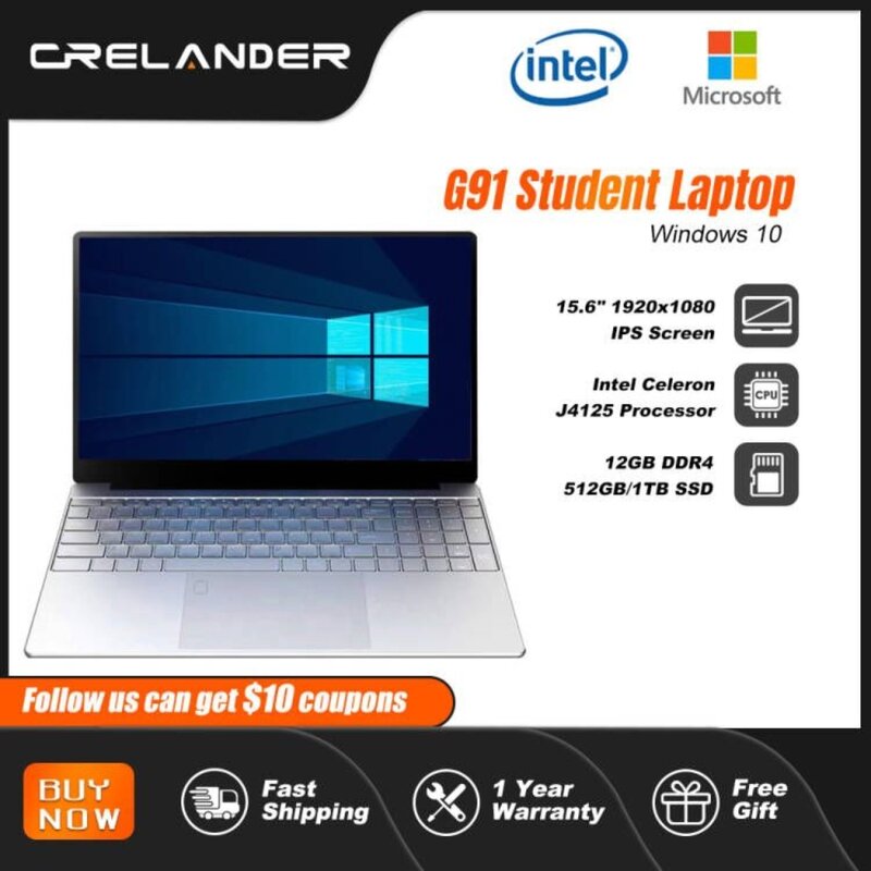 CRELANDER Student Laptop 15.6 Inch IPS 12GB RAM 512GB/1TB SSD Intel J4125 CPU Windows 10 Pc Portable Notebook Computer