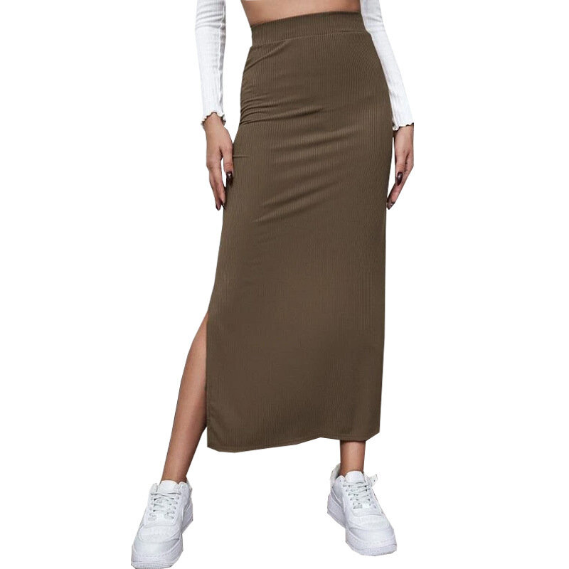 Faldas largas divididas para mujer, falda de cadera, paquete de color puro, nuevo fondo, otoño, 2023