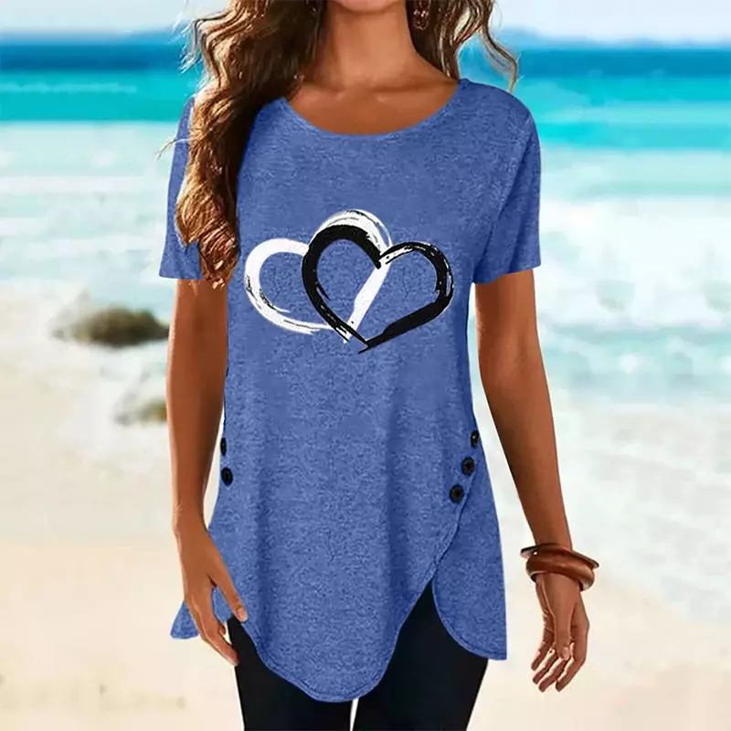T-shirt imprimé cœur à manches courtes pour femmes, haut long, streetwear décontracté, vêtements à la mode, été, nouveau