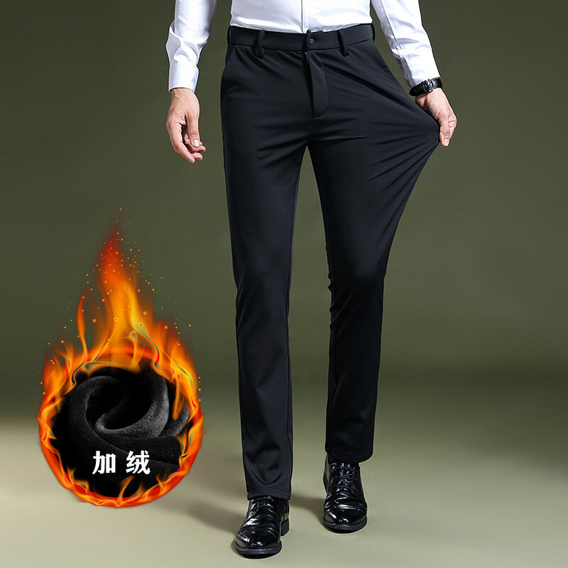 Зимние флисовые брюки 2023, облегающие маленькие прямые брюки, мужские деловые повседневные брюки для молодых и средних лет, мужские брюки