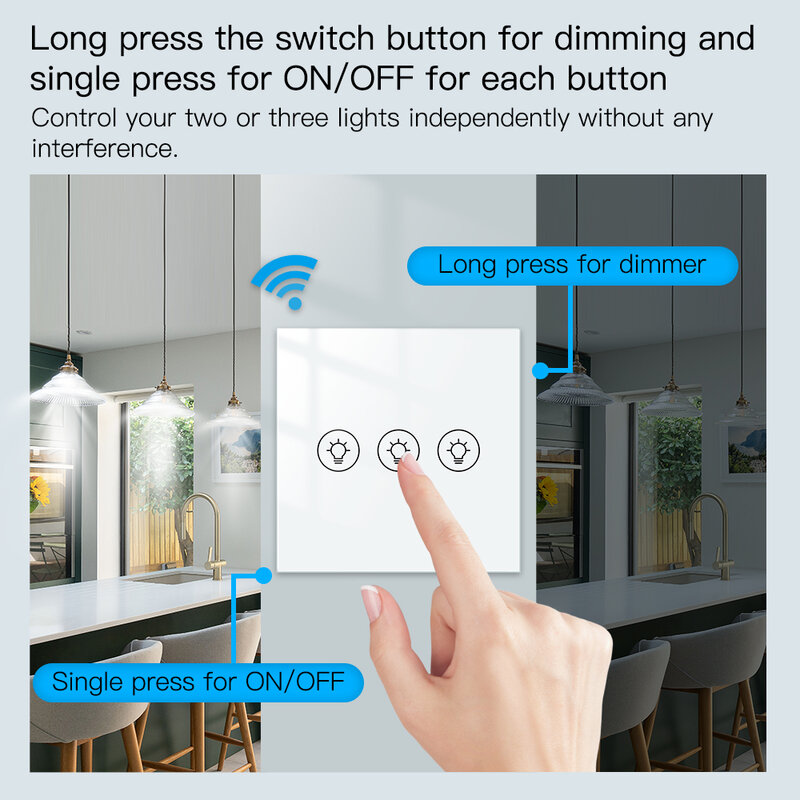 Tuya WiFi Multi-Gang Interruptor Dimmer de Luz Inteligente, 1, 2, 3 Gang, Painel da UE, Smart Life APP, Escurecimento Controle para Alexa, Google Voice