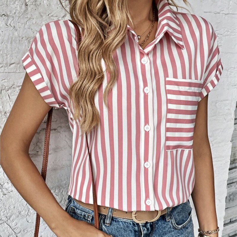 Summer Turn Down Collar Pocket Striped Printed Shirt For Women Casual Single Breasted Short Sleeved Shirt Office Clothing