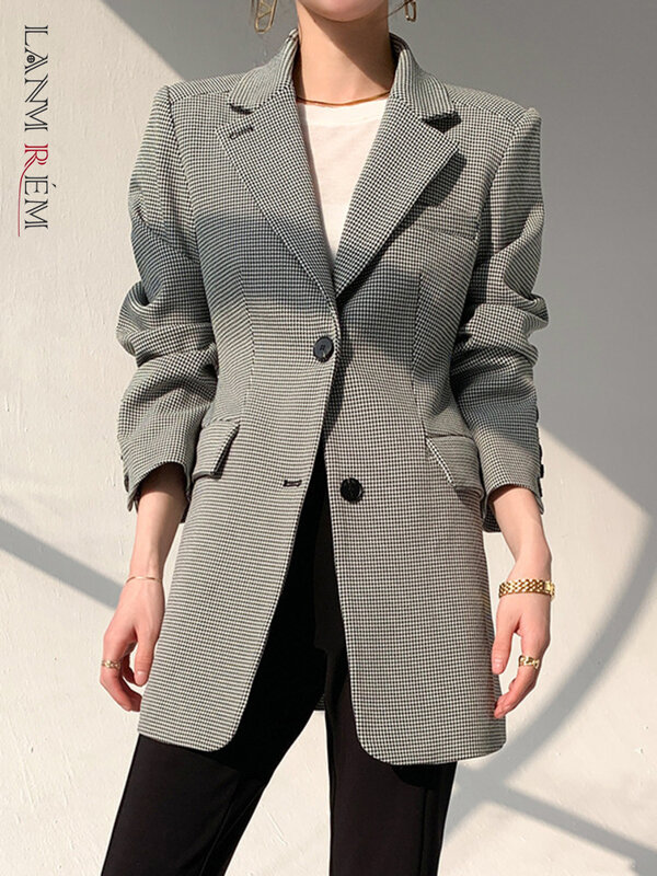 LANMREM 여성용 오피스 레이디 격자 무늬 블레이저, 싱글 브레스트 개더드 웨이스트 재킷, 패션 코트, 26D8574, 2024 용수철 신상