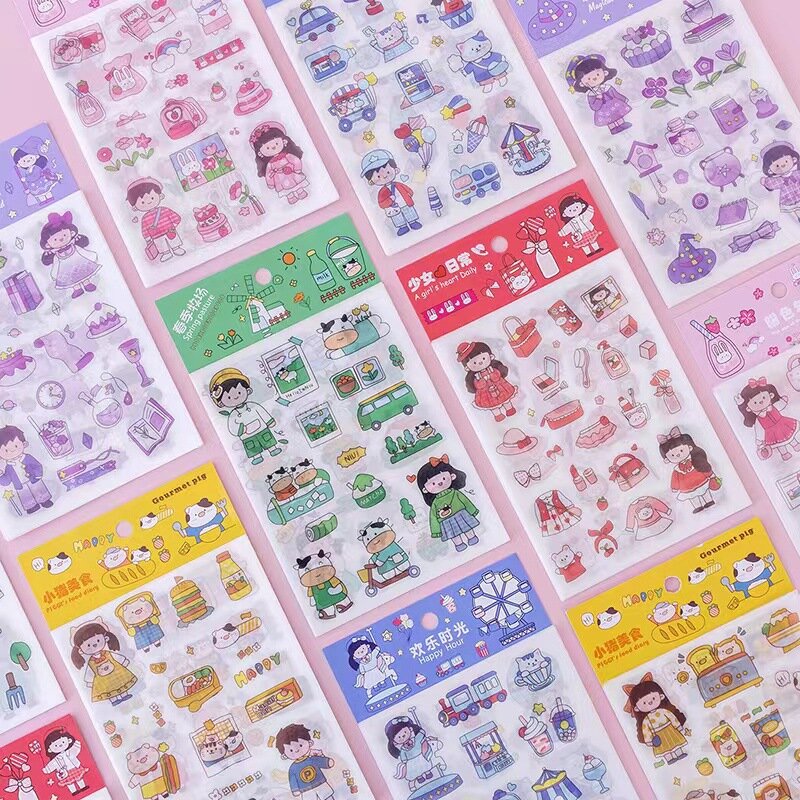 4 Sheets/Set Cartoon Transparent PVC Stickers for Girls Cute Hand Account Scrapbooking Notebook Diary Sticker Material