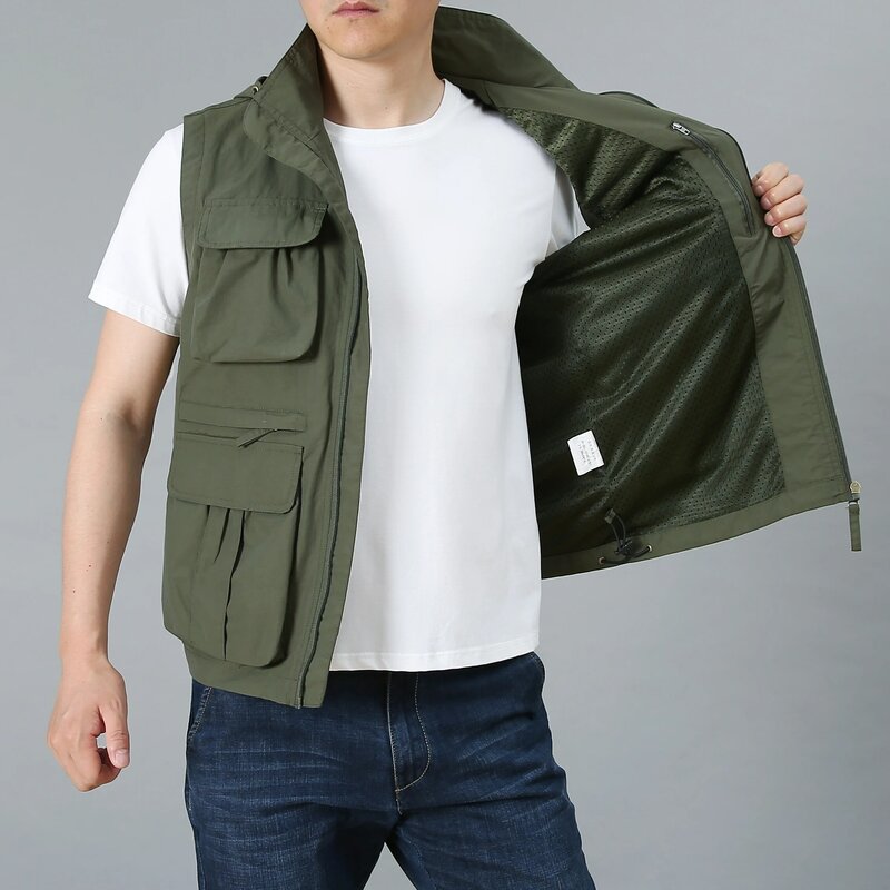 Куртка мужская приталенная с большим количеством карманов, Повседневная ветровка для рыбалки, модная с капюшоном, без рукавов