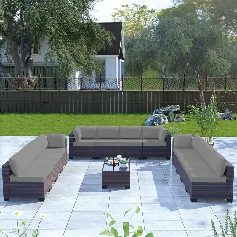 Outdoor Patio Furniture Set 6 Pieces Sectional Rattan Sofa Set Brown PE Rattan Wicker Patio Conversation  1 Tempered Glass Table