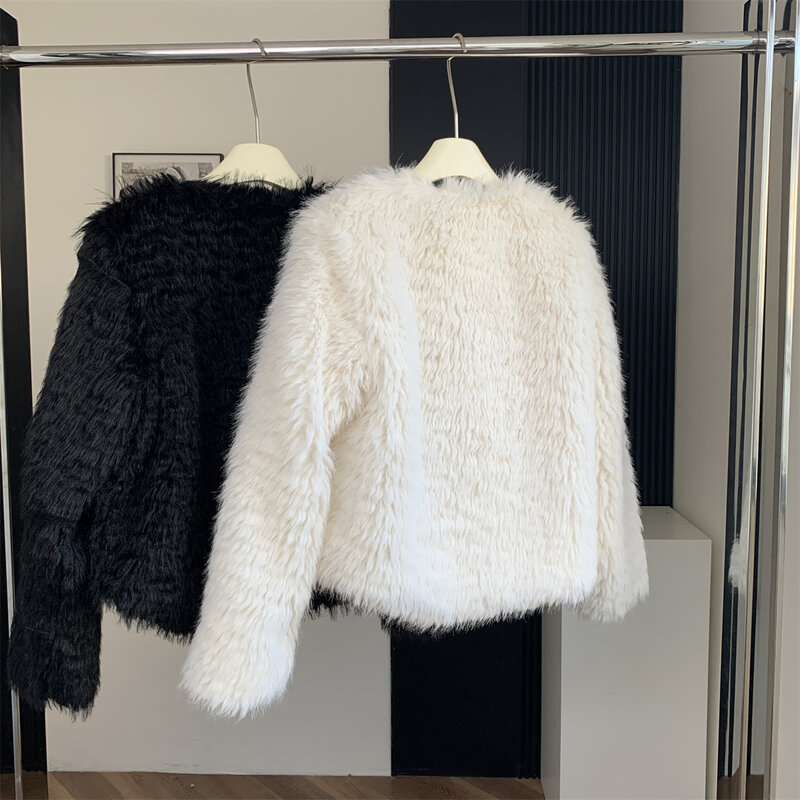 Chaqueta holgada de lana sintética para mujer, ropa de calle y bolsillos de manga larga con cuello redondo, con botonadura única, para invierno