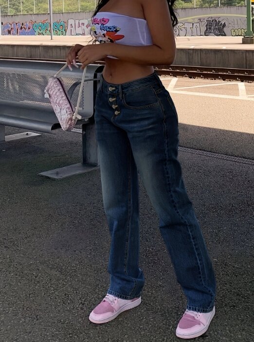 Damen Jeans Sommer neue lässige vielseitige Retro und einfache Denim Straight Leg Hosen Mode Basic Button Dekoration Hosen