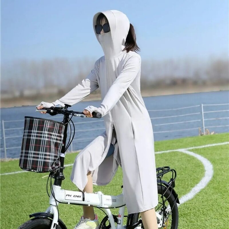 Abrigo largo de protección solar de seda de hielo, sombrero cómodo, Chaqueta larga transpirable, protector solar, manga larga con capucha, vestido Anti-UV para exteriores