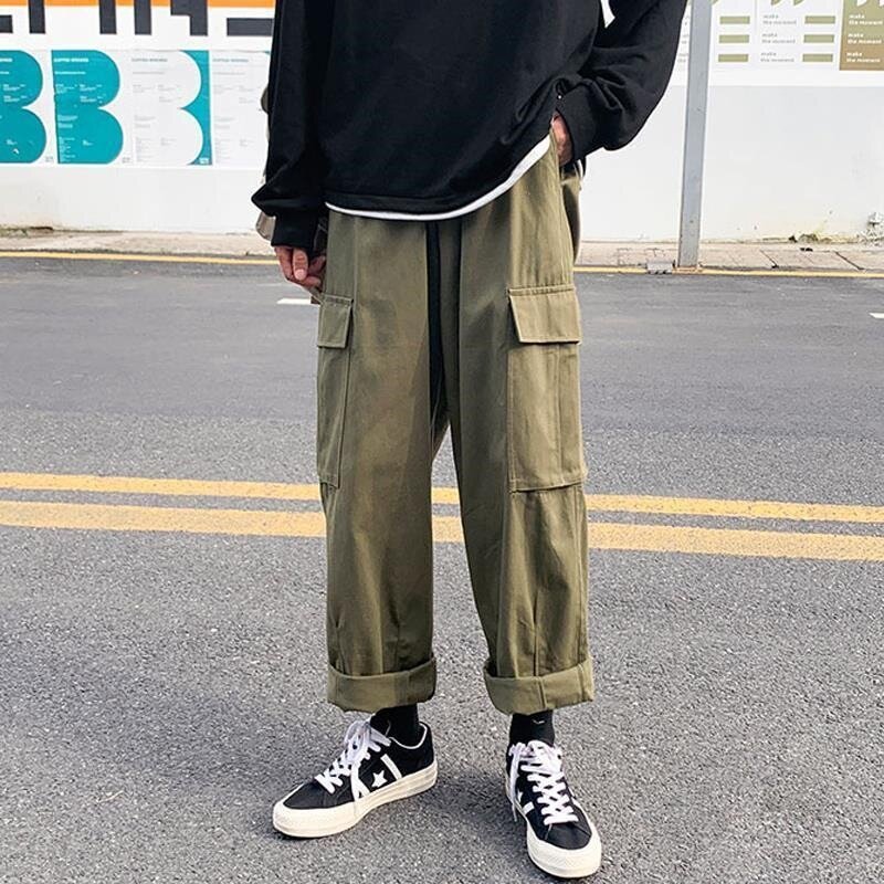 Calças de carga dos homens calças casuais multi-bolso calças retas com cordão cintura jogger calças de jogging dos homens streetwear vintage