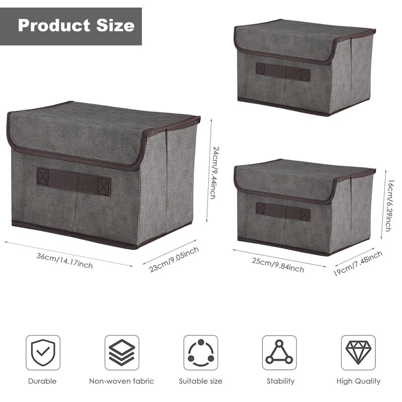 3 Pack Foldable Storage Boxes With Lids,Fabric Storage Basket Organiser For Wardrobe,Closet,Shelf(Gray)