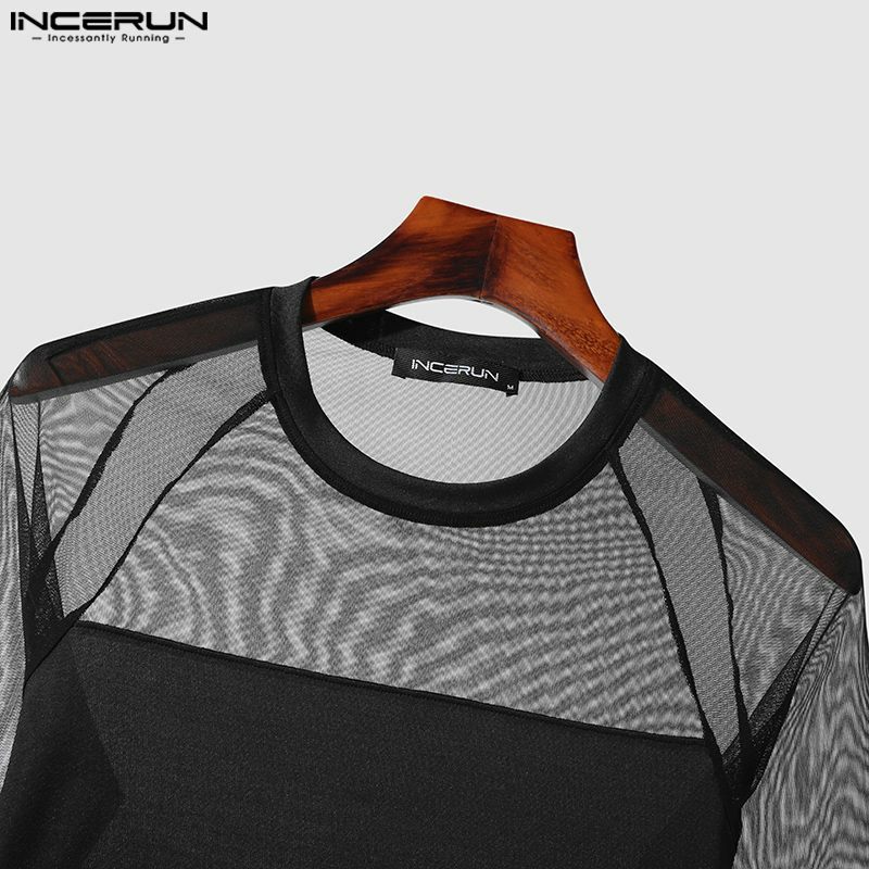 Men Bodysuits Mesh Patchwork O-neck Long Sleeve Sexy Rompers Male T Shirts Fitness Transparent 2023 Fashion Bodysuit INCERUN