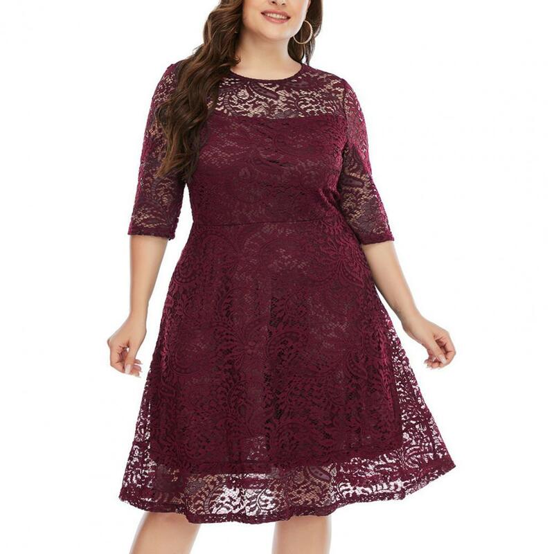 Women Hollow Lace Dress Elegant Plus Size Lace Stitching Party Dress for Women High-waist Hollow Tunic Dress for Summer