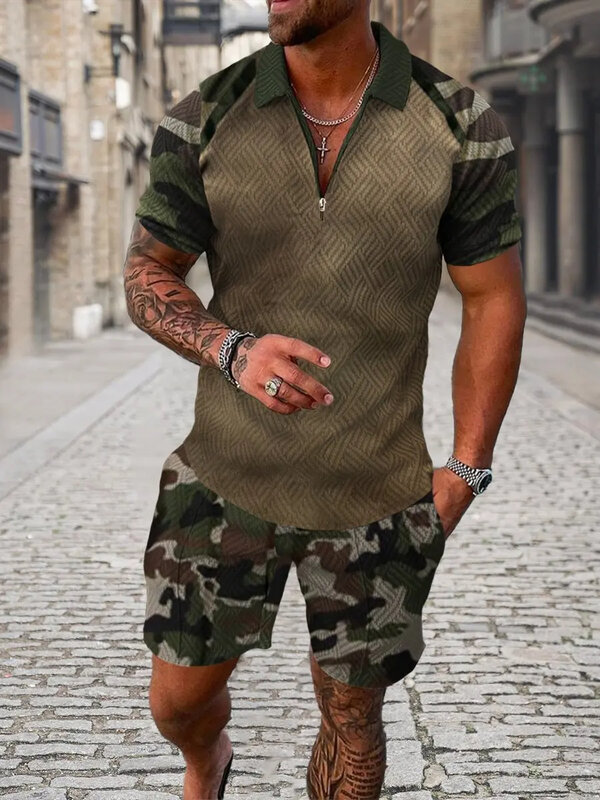 남성용 세트 트렌드 3D 인쇄 지퍼 폴로 셔츠 및 반바지 투피스 세트, 소프트 패션 캐주얼 의류 운동복 세트, 여름 신상