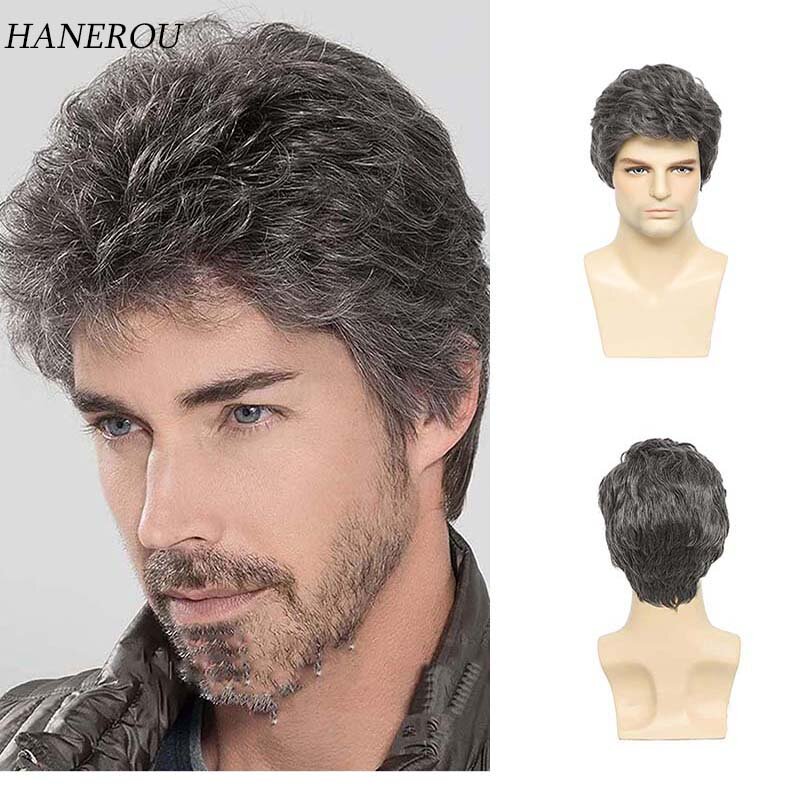Synthetic Wigs for Men Short Black Grey Wig with Bangs Hairstyle Soft Gray Wigs for Male Older Wig