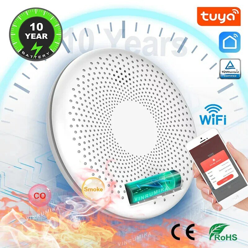 Tuya Smart Life Co & Smoke Detector, Função WiFi, Sensor de Alarme de Incêndio, Monóxido de Carbono, Cozinha, Bateria 10 Anos, 2 em 1