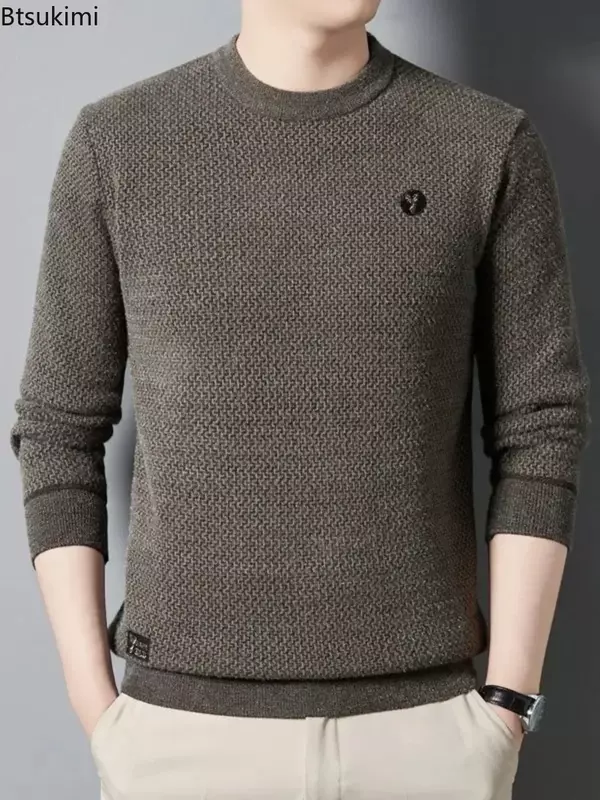 2024 męskie gruby, ciepły sweter jesienno-zimowe swobodny sweter pulowery z okrągłym dekoltem solidne pluszowe ocieplany sweter ubrania męskie