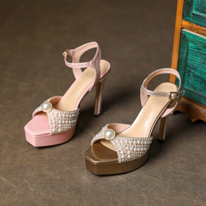 Sandálias artesanais de boca de peixe com salto grosso para mulheres, sapatos de plataforma impermeáveis, vestido de casamento Luxury Pearl, 33-40, 2024