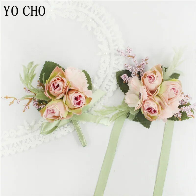 Yo Cho Boutonniere Bruiloft Mannen Broche Pins Bridal Pols Corsage Meisje Armband Zijde Rose Flower Party Prom Wedding Boutonniere