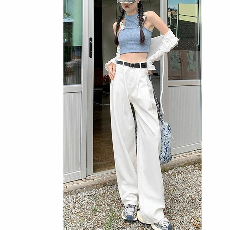 กางเกงยีนส์ขากว้างสีขาวสำหรับผู้หญิงเทรนด์กางเกงลำลองแบบห้อยเข้ารูปใหม่สำหรับฤดูใบไม้ผลิ/ฤดูร้อน2024เกาหลี