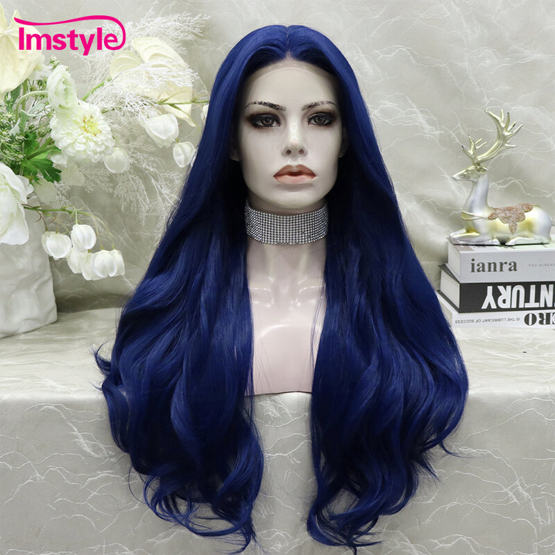 Imstyle-peluca azul sintética con malla frontal para mujer, cabellera larga ondulada de encaje Natural, sin pegamento, resistente al calor, Cosplay