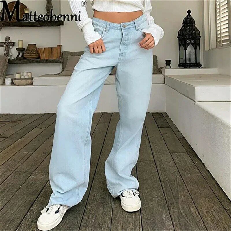 Pantalones vaqueros de cintura alta para mujer, peto de Jean azul Vintage, pantalones vaqueros largos y holgados de pierna ancha, 2021