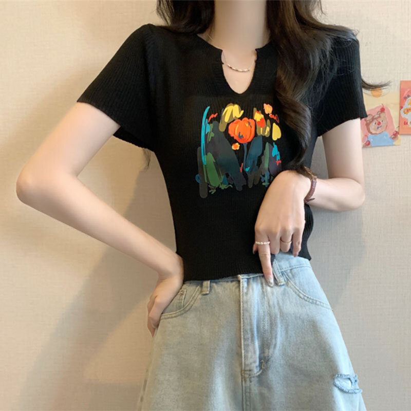 Camiseta de punto con estampado de moda coreana para mujer, camisetas de punto suaves de manga corta, camisetas ajustadas para mujer, Tops