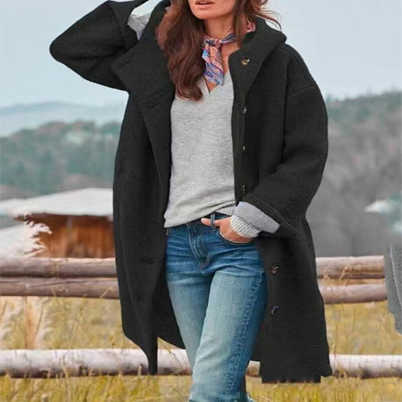 Gabardina de manga larga para mujer, abrigo de lana con capucha y bolsillos, Color sólido, Otoño e Invierno