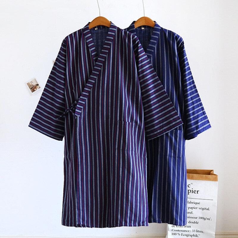 일본 남성용 스트라이프 프린트 기모노 로브 잠옷, 면 거즈 면 로브, 유카타 목욕 가운