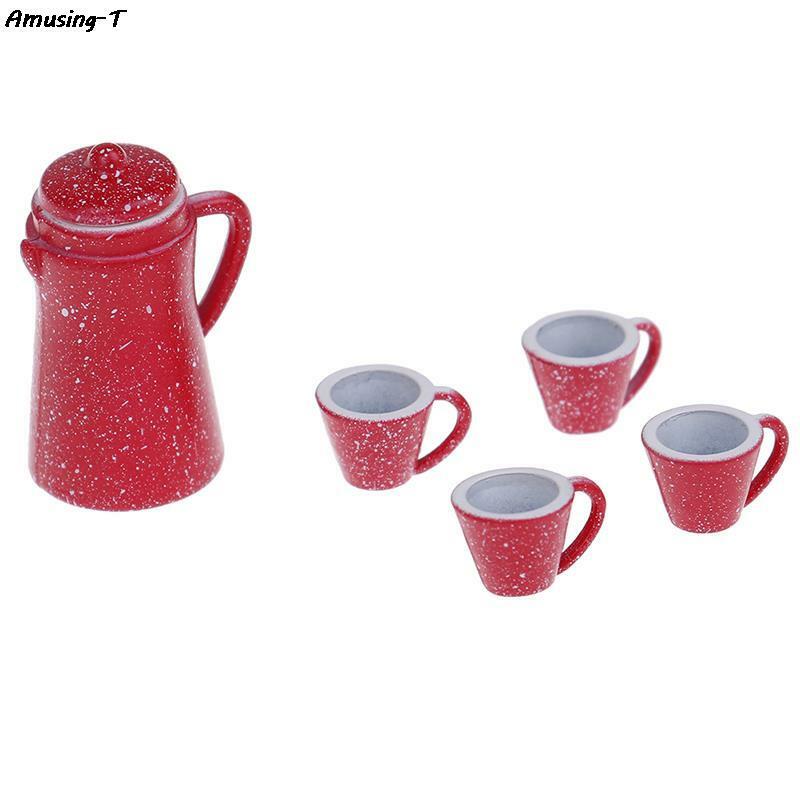 1/12 Coffee Tea Lid Pot Dollhouse Miniature Porcelain Kettle Cups Set Pretend Play Best Gift Girl Doll Kitchen Classic Toy