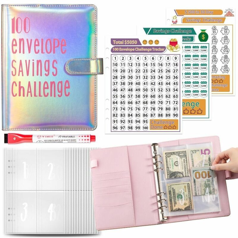 Envelope colorido dinheiro salvando desafio com caneta, planejador de orçamento, cores deslumbrantes, tamanho A5, 100 dias