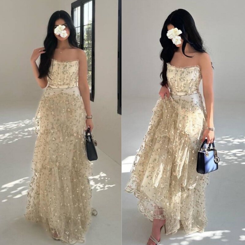 Gaun Prom Arab Saudi Tulle Applique terbungkus Formal malam tanpa tali A-line gaun acara Bespoke gaun Midi