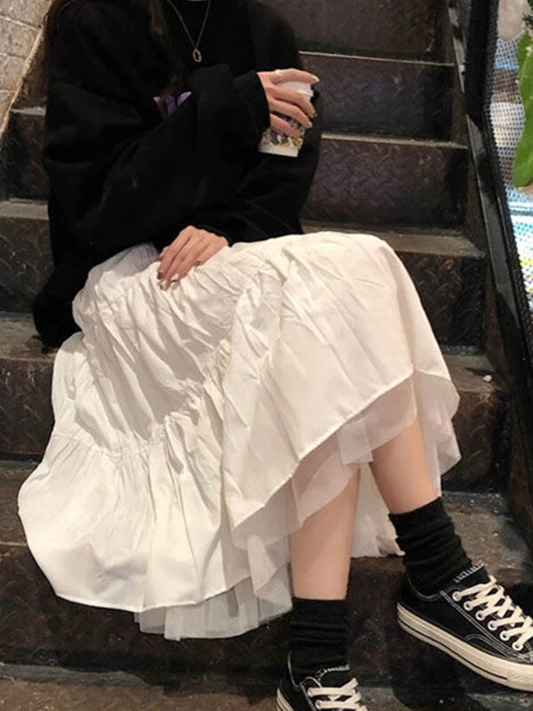 Женская длинная фатиновая юбка средней длины, черная, белая длинная юбка с эластичной завышенной талией, сетчатая юбка в уличном стиле, осень 2024