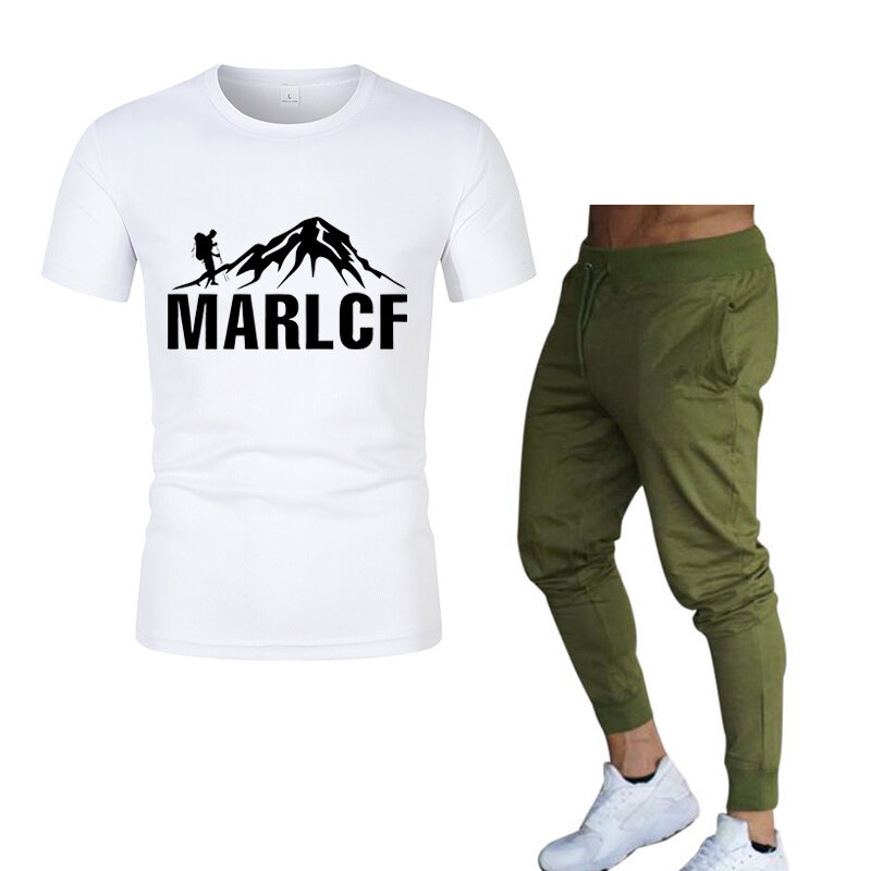 Camiseta de manga curta masculina e agasalho com cordão, estampa de montanhismo, 2 esportes casuais, calça normal, primavera, verão