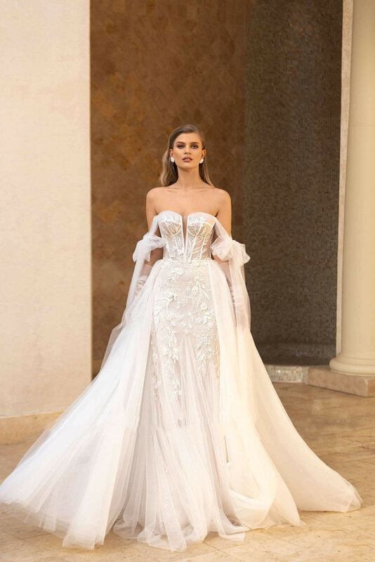 Великолепное свадебное платье с открытыми плечами со съемным шлейфом, кружевной аппликацией, милой, элегантное Тюлевое платье с цветочным узором и юбкой-годе для невесты