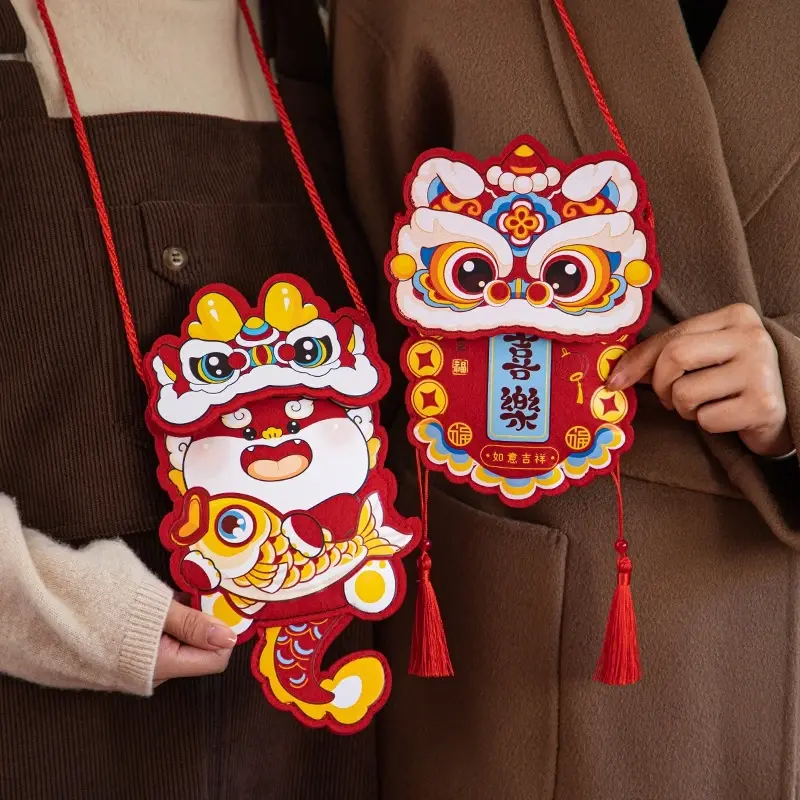 Amplop merah Tahun Baru lucu Hongbao saku 2024 tahun gaya Tiongkok dompet pola naga merah dengan tali hadiah anak-anak