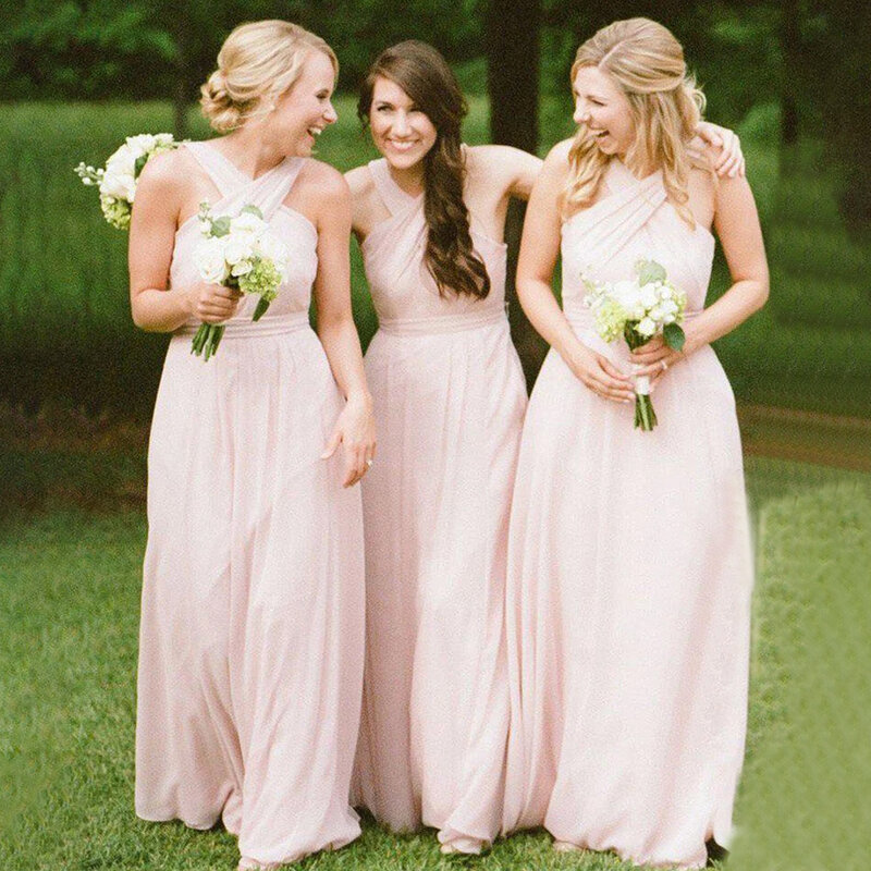 A-Line Chiffon Bridesmaid Gown Simple Sleeveless Floor-Length Wedding Party Dresses Halter Off-Shoulder 2023 Mujer Invitada Chic