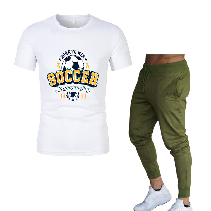 Camiseta de manga curta estampada em letras e calças de jogging com cordão masculino, esportes casuais, calças regulares, primavera, verão, 2 peças